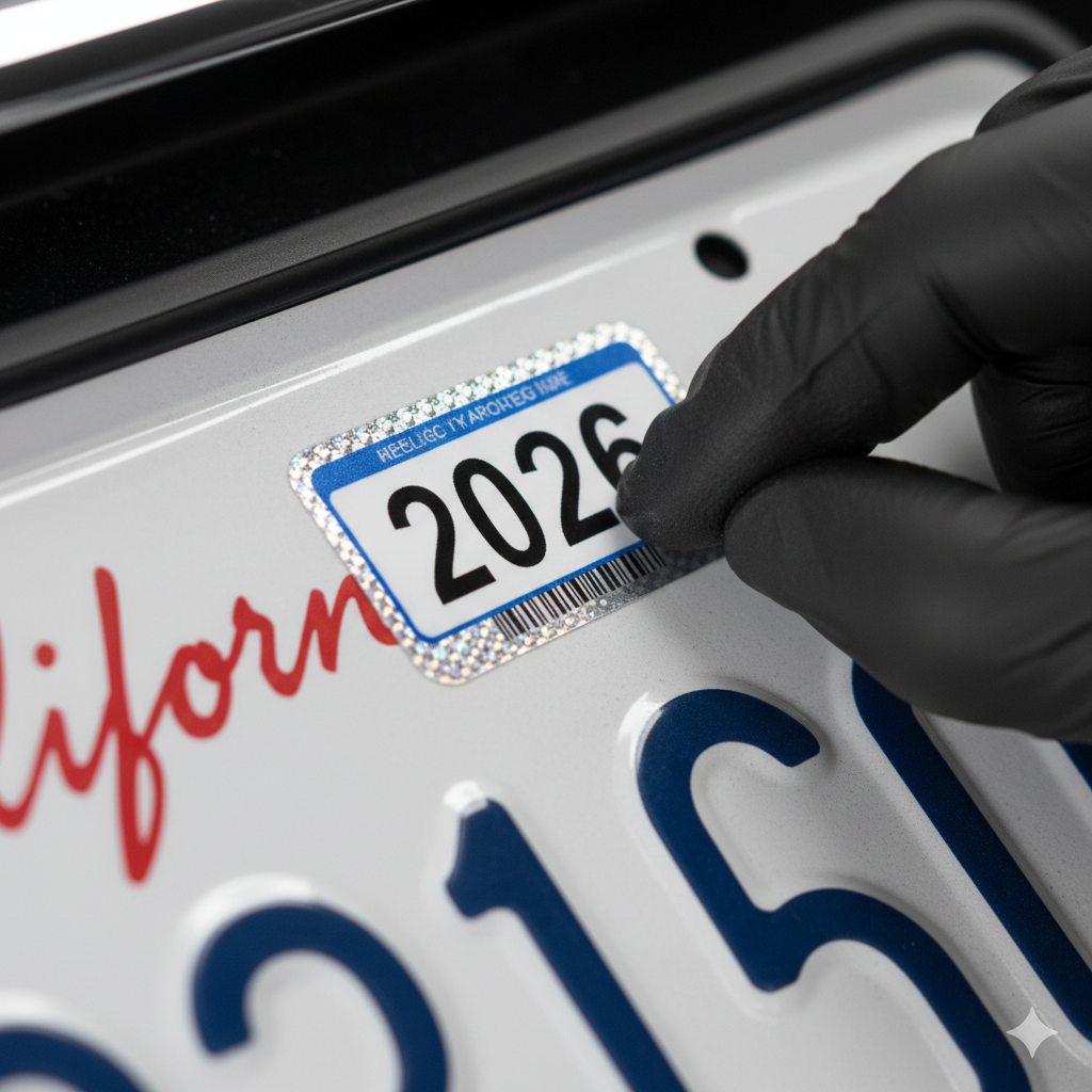 Close-up, macro photography of a clean California license plate with a brand new, perfectly aligned 2025 registration sticker being applied by a professional hand. Soft bokeh background, sharp focus on the sticker texture, professional lighting.